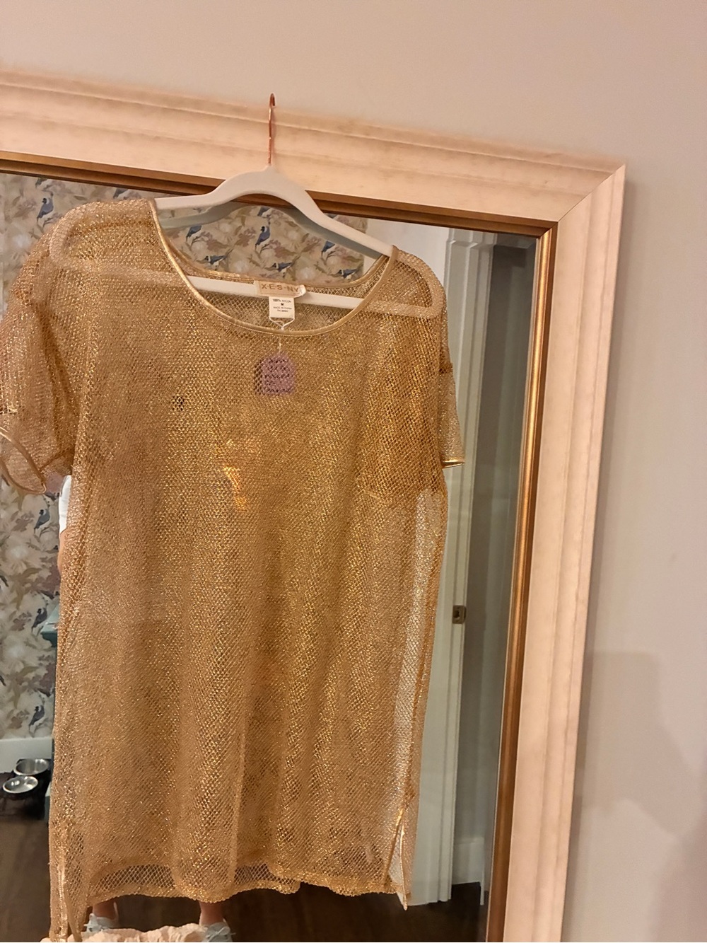 X-ES-NY Gold Metallic Mesh Fishnet Tunic Cover-Up Top Size M Y2K - Picture 8 of 12
